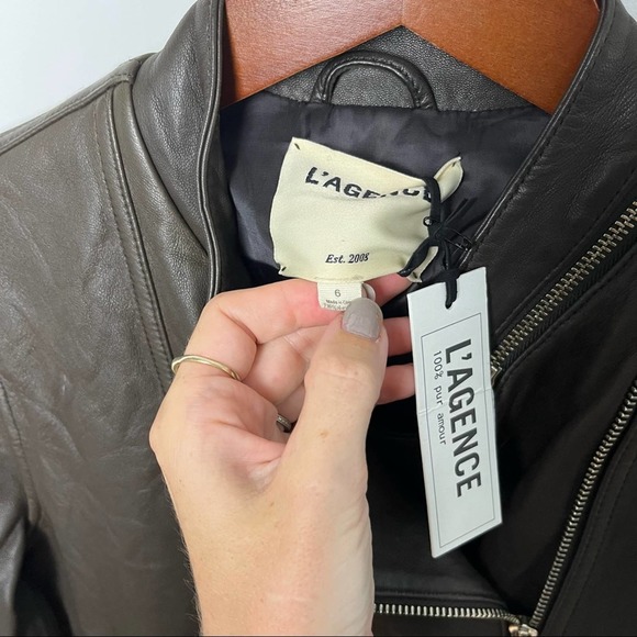 NWT L'Agence Devon Lamb Leather Stand Collar Walnut Moto Jacket Size 6 - Picture 4 of 9